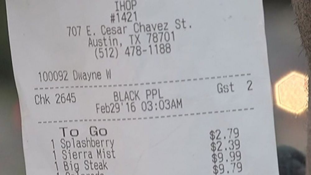 Texas IHOP receipt identifies customers as 'BLACK PPL'