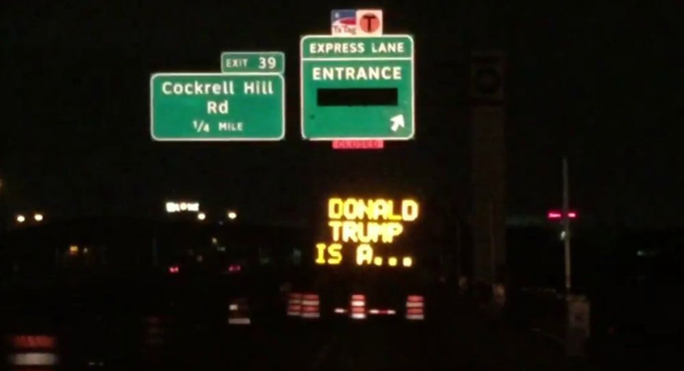 Hacked Texas construction signs call Donald Trump a lizard