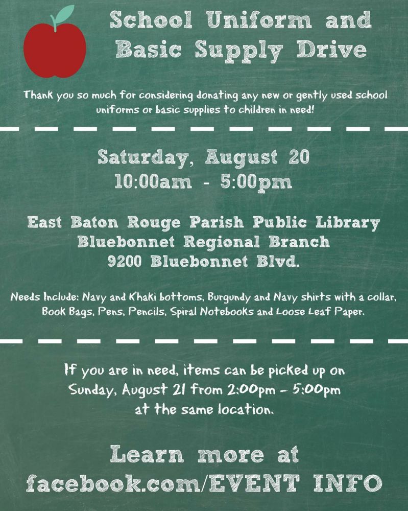 School uniform and supply drive to be held this weekend at Bluebonnet library