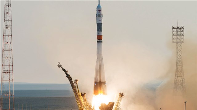 Soyuz rocket carrying crew of 3 blast off from Baikonur