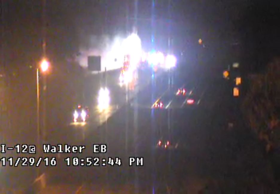 Part of I-12 West blocked near Walker due to vehicle fire