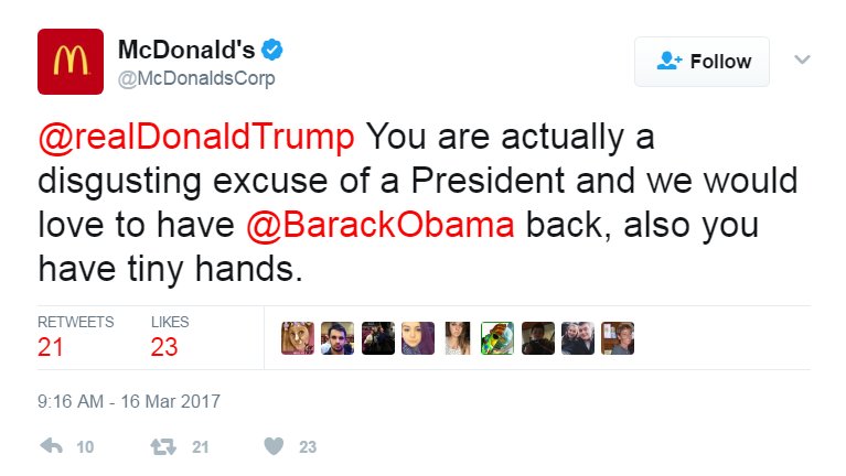 McDonald's says it's investigating tweet at Trump