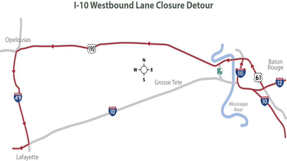 Lane closures on parts of I-10 in Iberville due to construction